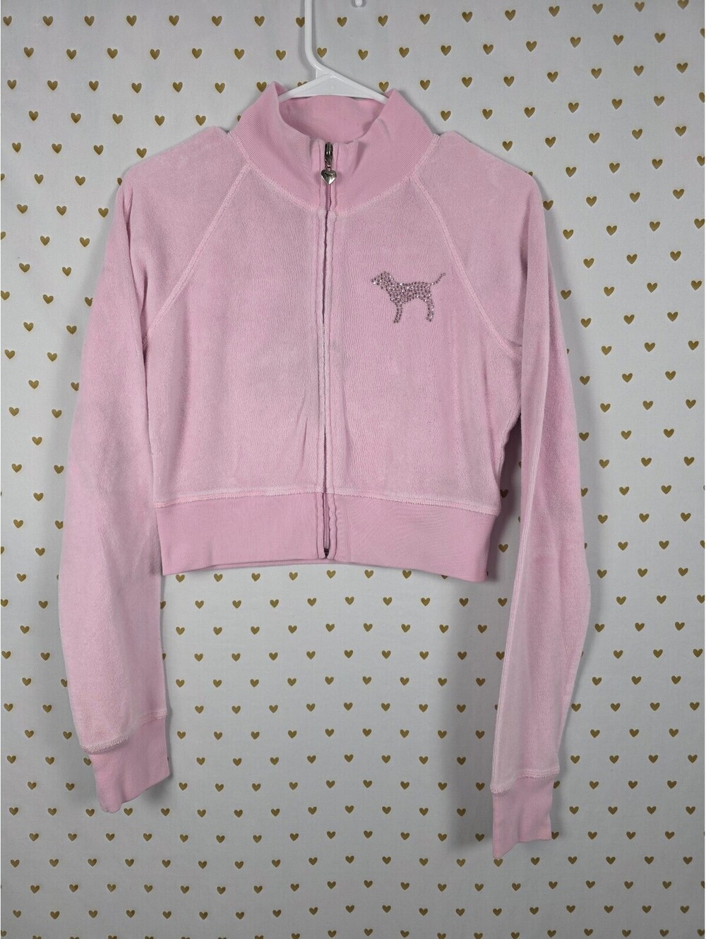Victoria's Secret PINK Terry Crop Jacket Pink Rhinestone LOVE Full Zip MEDIUM